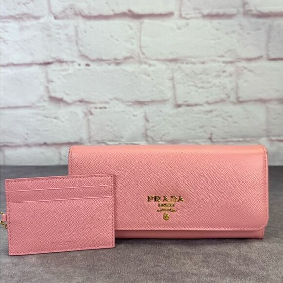 PRADA Saffiano Metal Continental Flap Wallet Orchidea with Small Chain Wallet - Picture 1 of 16